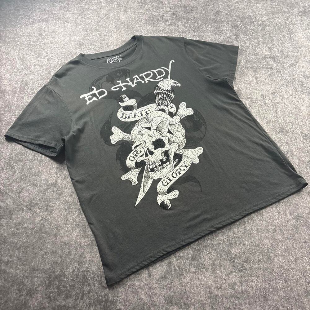 Ed Hardy Death Or Glory Rhinestone Skull Graphic T-Shirt Black Men's Size Large